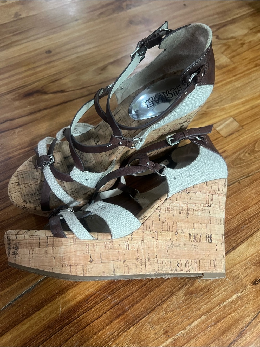 Michael Kors Brown Cork Wedge Sandals buckle with Silver 4 inch heel size 7.5